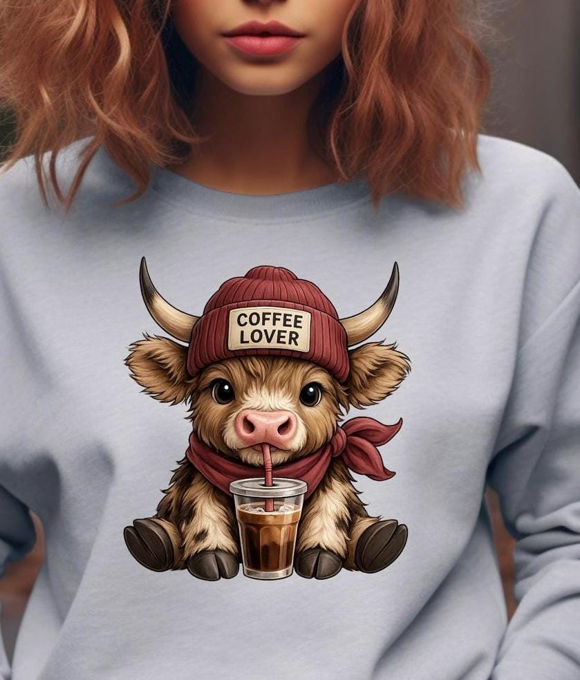 Highland Cow Coffee Lover Shirt or Sweatshirt – Cute DTF Print on Gildan – Coffee Gift for Her