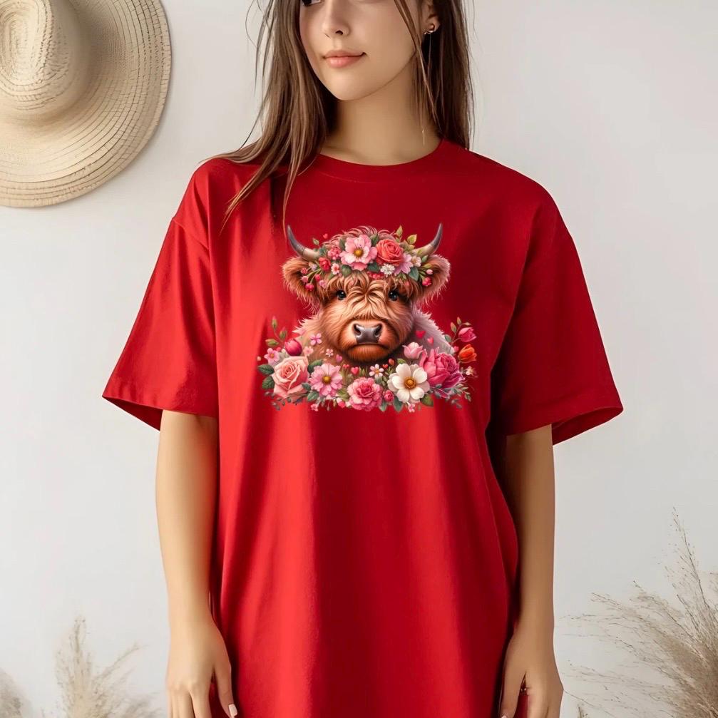 Highland Cow Shirt or Sweatshirt – Floral Crown, Hearts, Rustic Vibe – Western Farmhouse Animal Tee