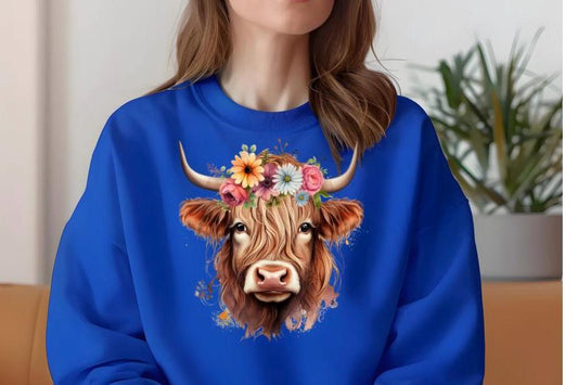 Floral Highland Cow Sweatshirt, Farm Animal Crewneck