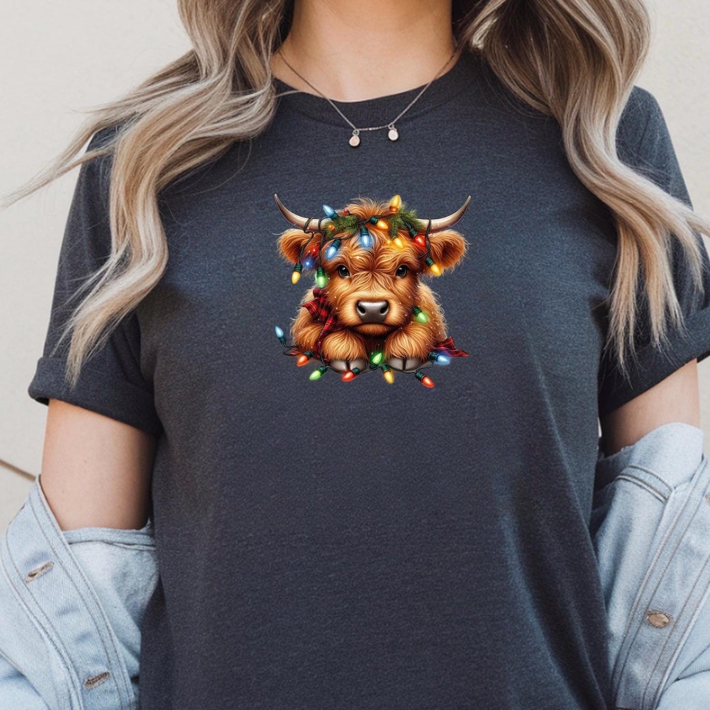 Highland Cow Christmas Shirt | Cozy Rustic Holiday Sweatshirt | Farm Animal Lights Funny Gift Tee