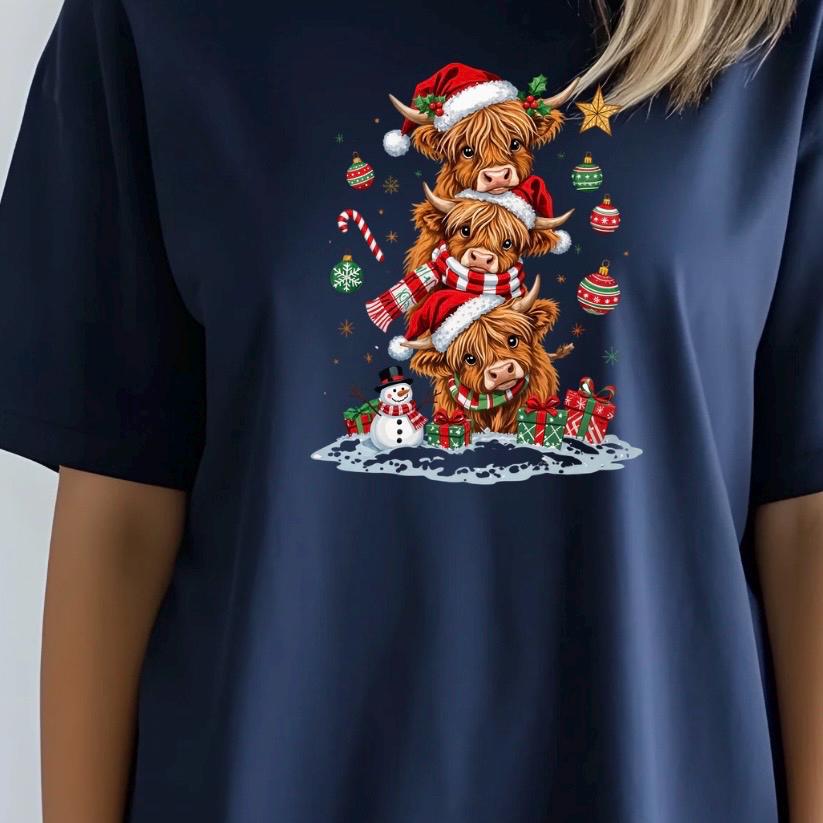 Highland Cow Christmas shirt or Sweatshirt – Santa Hat, Snowman Holiday Tee