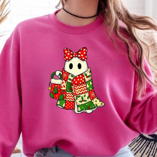 Cute Christmas Ghost T-Shirt – Cozy Holiday Quilt & Polka Dot Bow Graphic Tee