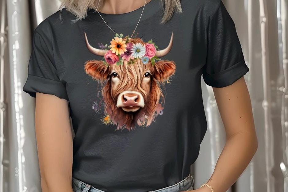 Floral Highland Cow Sweatshirt, Farm Animal Crewneck tshirt