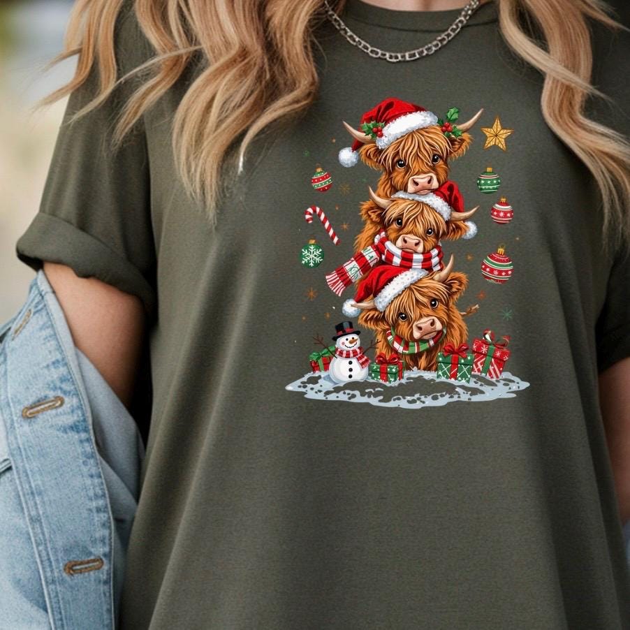 Highland Cow Christmas shirt or Sweatshirt – Santa Hat, Snowman Holiday Tee