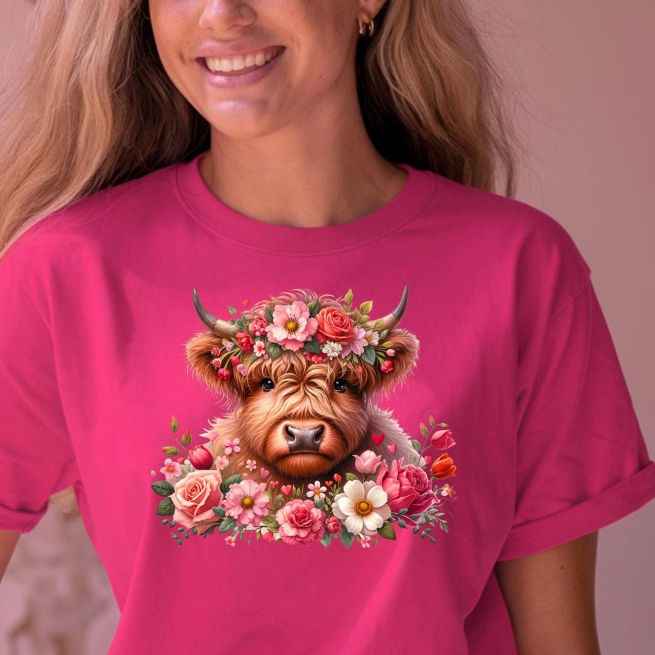 Highland Cow Shirt or Sweatshirt – Floral Crown, Hearts, Rustic Vibe – Western Farmhouse Animal Tee