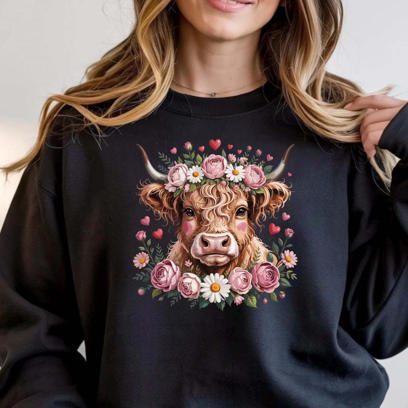 Highland Cow with Flower Crown T-Shirt or sweatshirt Cottagecore Western Graphic Tee