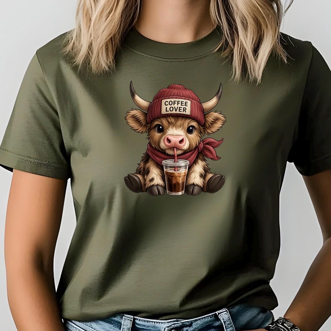 Cute Highland Cow "Coffee Lover" T-Shirt or Sweatshirt | Funny Iced Coffee Graphic Tee | Fall Aesthetic Crewneck