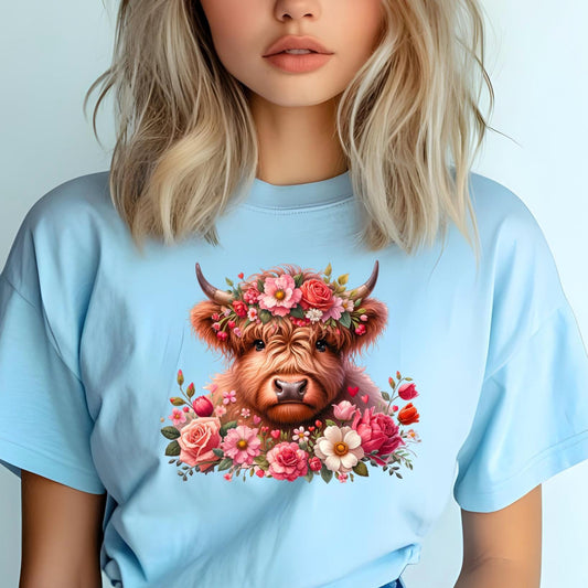 Highland Cow Shirt or Sweatshirt – Floral Crown, Hearts, Rustic Vibe – Western Farmhouse Animal Tee
