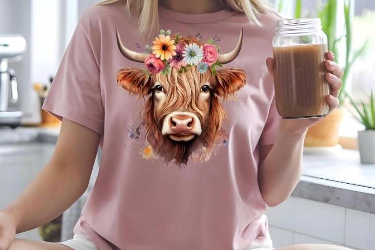Floral Highland Cow Sweatshirt, Farm Animal Crewneck tshirt