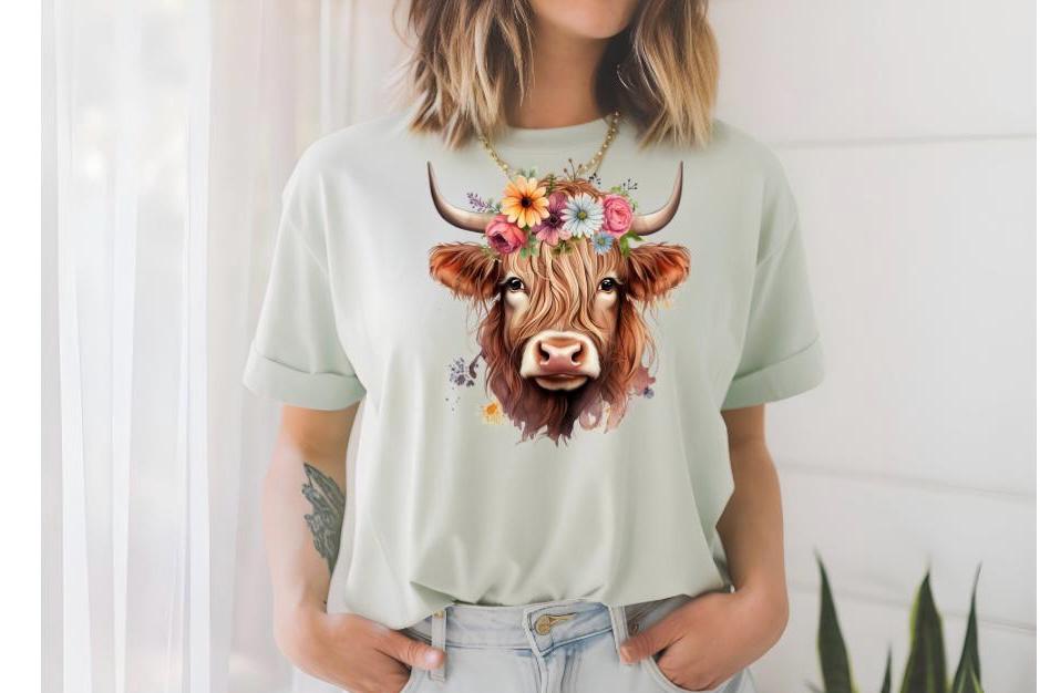 Floral Highland Cow Sweatshirt, Farm Animal Crewneck tshirt
