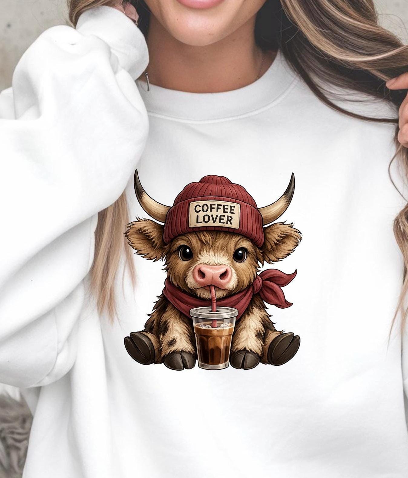 Highland Cow Coffee Lover Shirt or Sweatshirt – Cute DTF Print on Gildan – Coffee Gift for Her