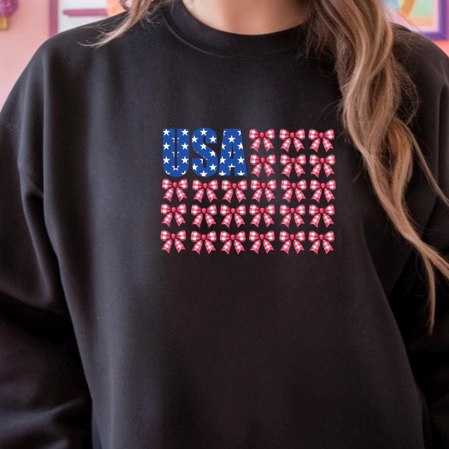 USA Bow Flag Sweatshirt | Patriotic Gingham Bows T-Shirt | 4th of July Shirt | Gildan DTF Print Unisex