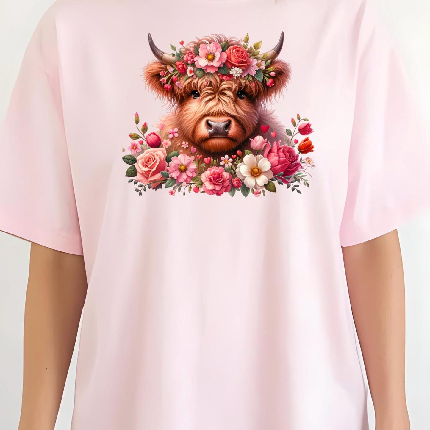 Highland Cow Shirt or Sweatshirt – Floral Crown, Hearts, Rustic Vibe – Western Farmhouse Animal Tee