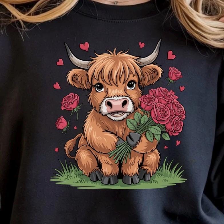 Highland Cow Valentine Shirt, Cute Cow Sweatshirt, Valentine Gift, Gildan Unisex Cozy Top