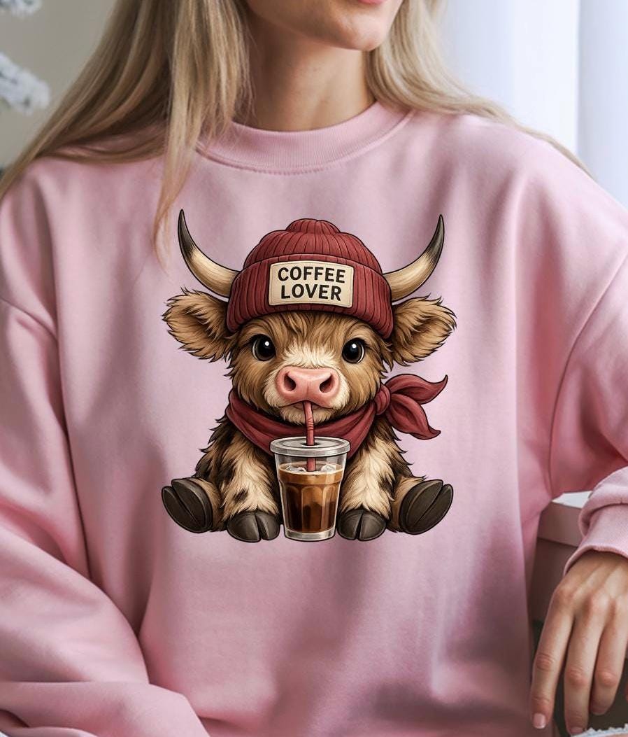 Highland Cow Coffee Lover Shirt or Sweatshirt – Cute DTF Print on Gildan – Coffee Gift for Her