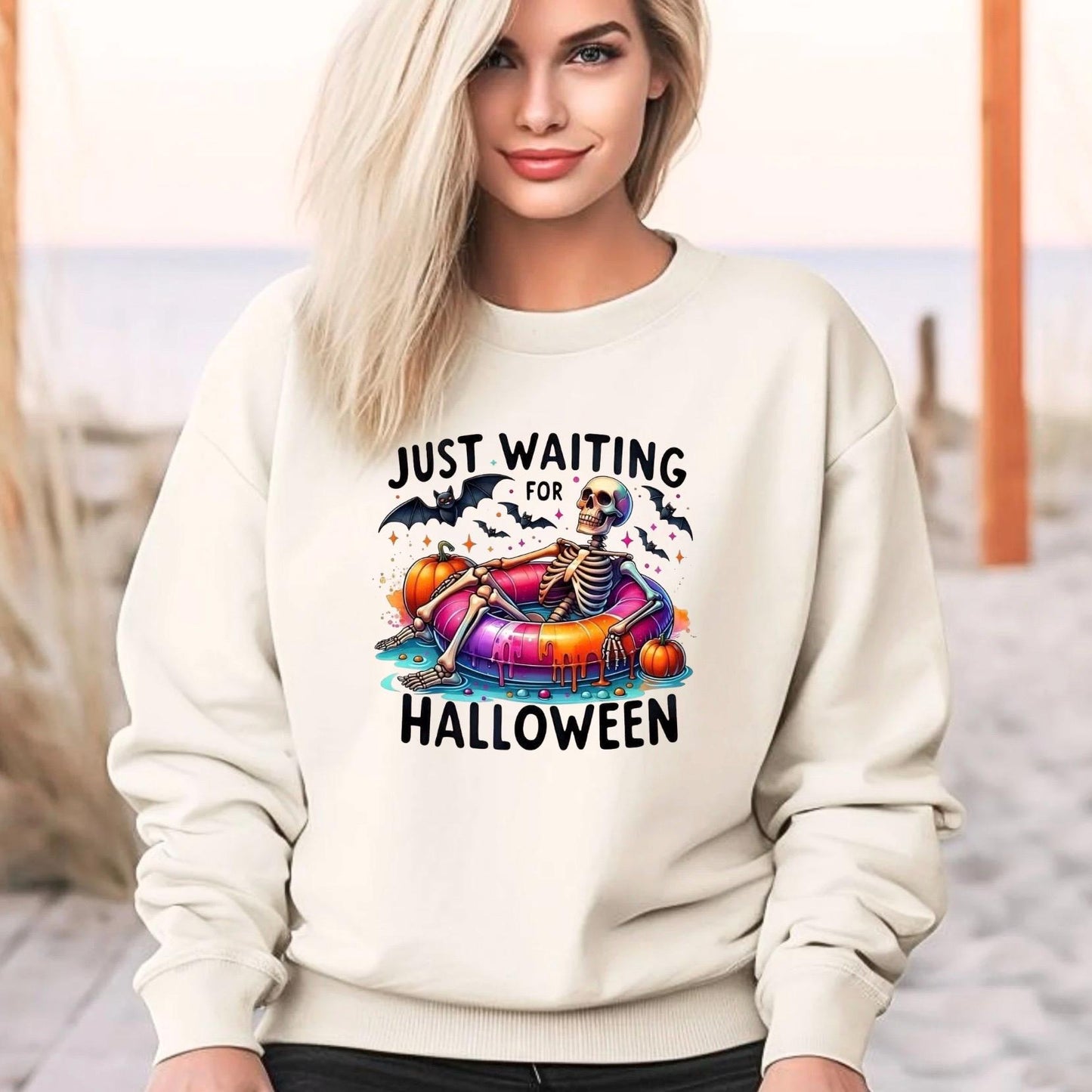 Just Waiting For Halloween" Skeleton T-Shirt or Sweatshirt | Funny Summerween Graphic Tee | Spooky Pool Float Crewneck