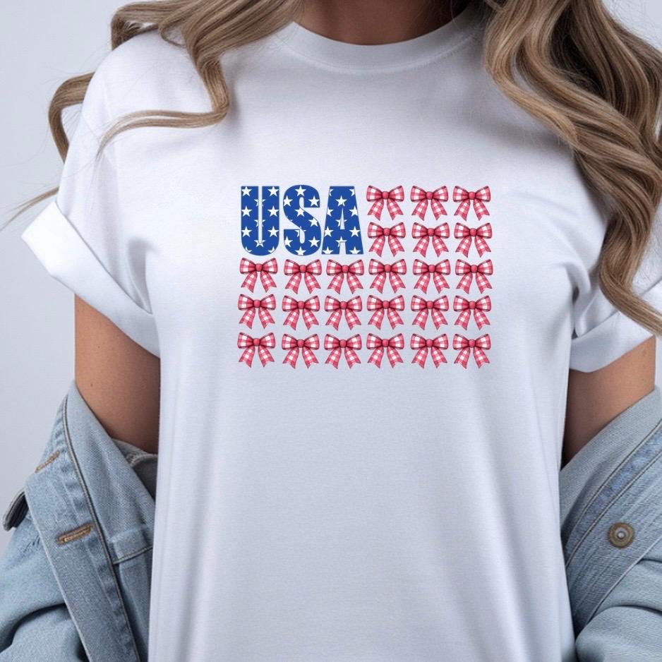 USA Bow Flag Sweatshirt | Patriotic Gingham Bows T-Shirt | 4th of July Shirt | Gildan DTF Print Unisex
