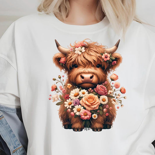 Floral Highland Cow Shirt or Sweatshirt – Cute Cow Graphic Tee -Farm Animal Gift-Gildan DTF unisex T shirt or sweatshirt