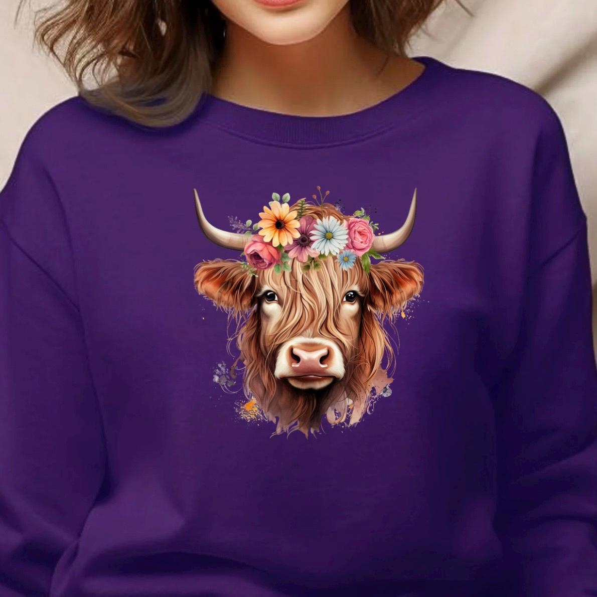 Floral Highland Cow Sweatshirt, Farm Animal Crewneck