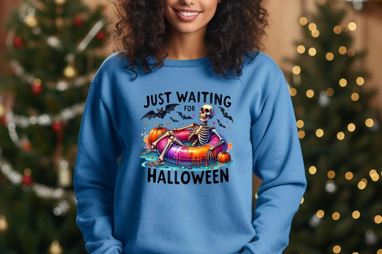 Just Waiting For Halloween" Skeleton T-Shirt or Sweatshirt | Funny Summerween Graphic Tee | Spooky Pool Float Crewneck
