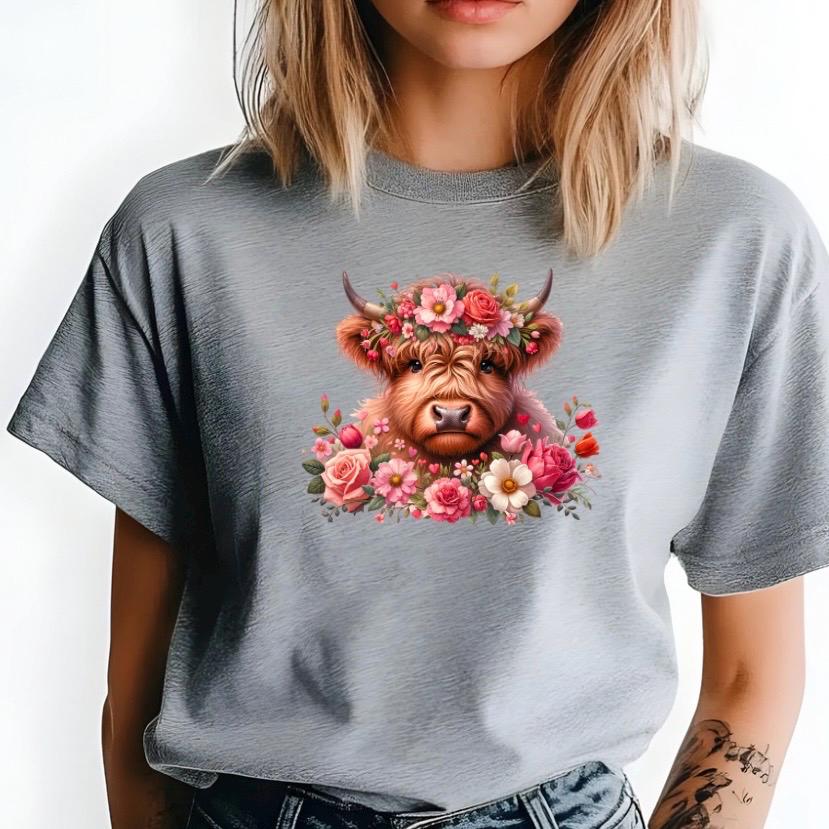 Highland Cow Shirt or Sweatshirt – Floral Crown, Hearts, Rustic Vibe – Western Farmhouse Animal Tee