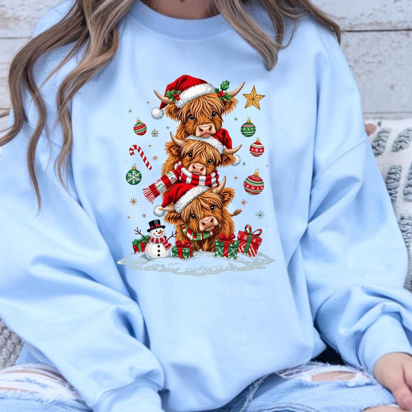 Highland Cow Christmas shirt or  Sweatshirt – Santa Hat, Snowman Holiday Tee