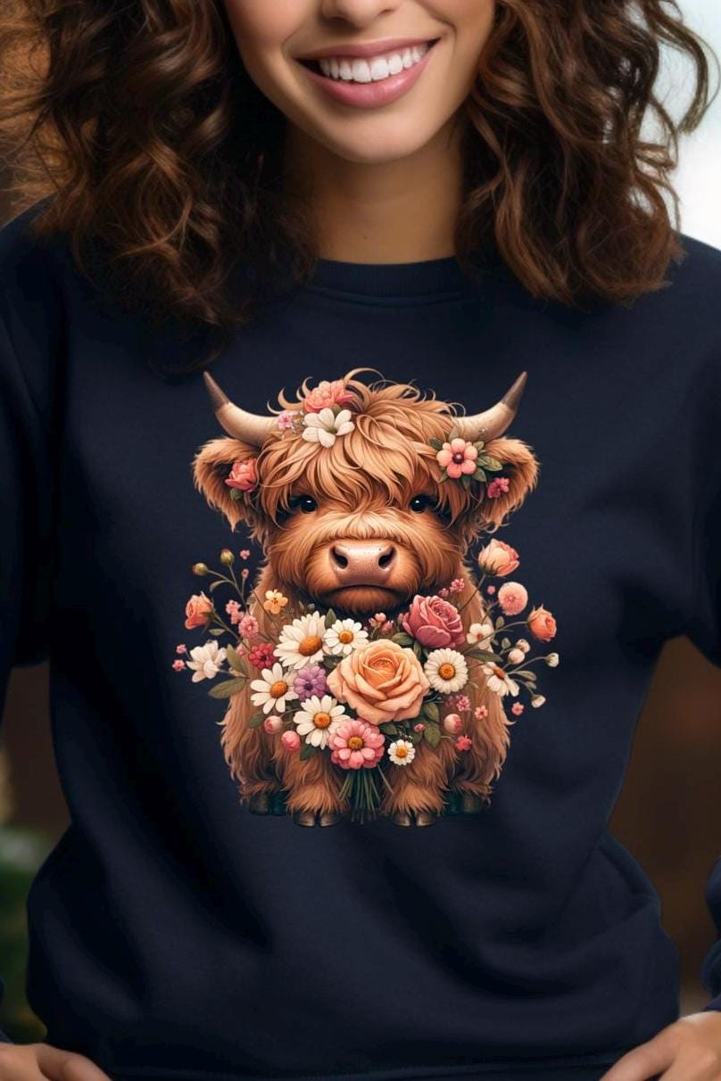 Highland Cow Floral Sweatshirt or T shirt