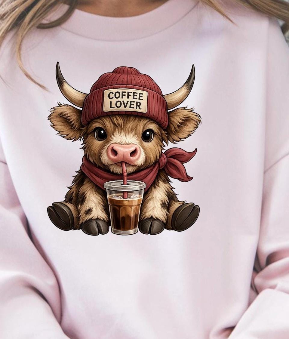 Highland Cow Coffee Lover Shirt or Sweatshirt – Cute DTF Print on Gildan – Coffee Gift for Her