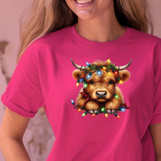 Highland Cow Christmas Shirt | Cozy Rustic Holiday Sweatshirt | Farm Animal Lights Funny Gift Tee