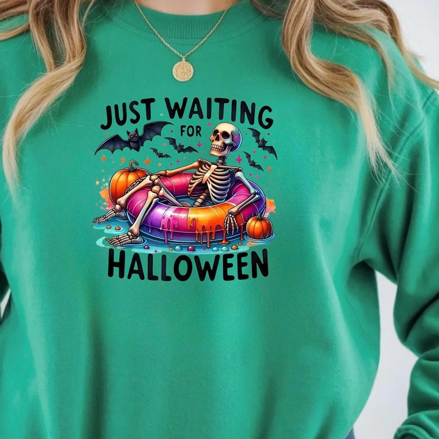 Just Waiting For Halloween" Skeleton T-Shirt or Sweatshirt | Funny Summerween Graphic Tee | Spooky Pool Float Crewneck