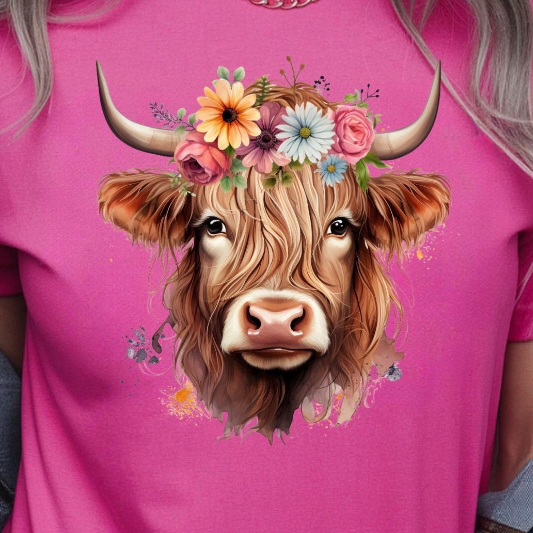 Floral Highland Cow Sweatshirt, Farm Animal Crewneck tshirt