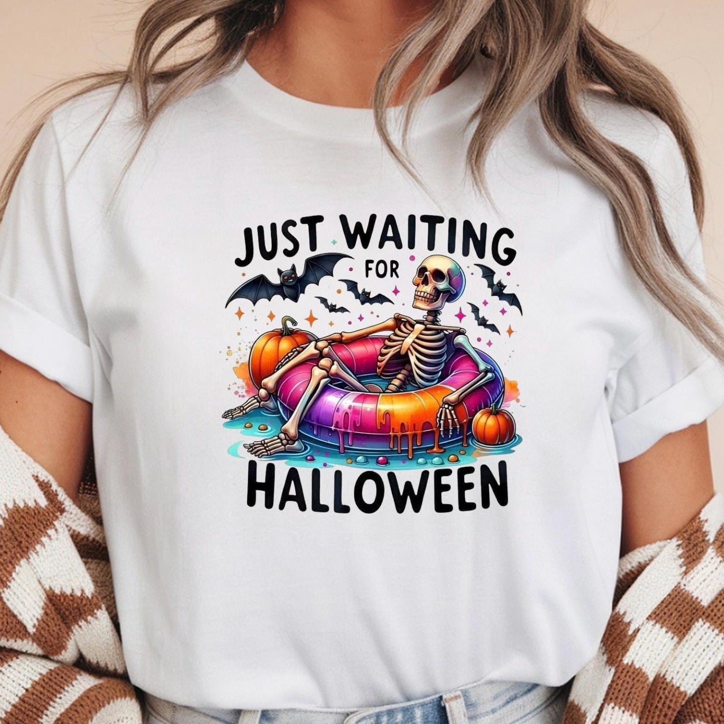 Just Waiting For Halloween" Skeleton T-Shirt or Sweatshirt | Funny Summerween Graphic Tee | Spooky Pool Float Crewneck