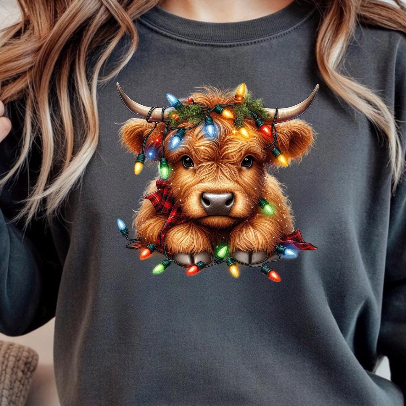 Festive Highland Cow Christmas Lights Sweatshirt or t shirt