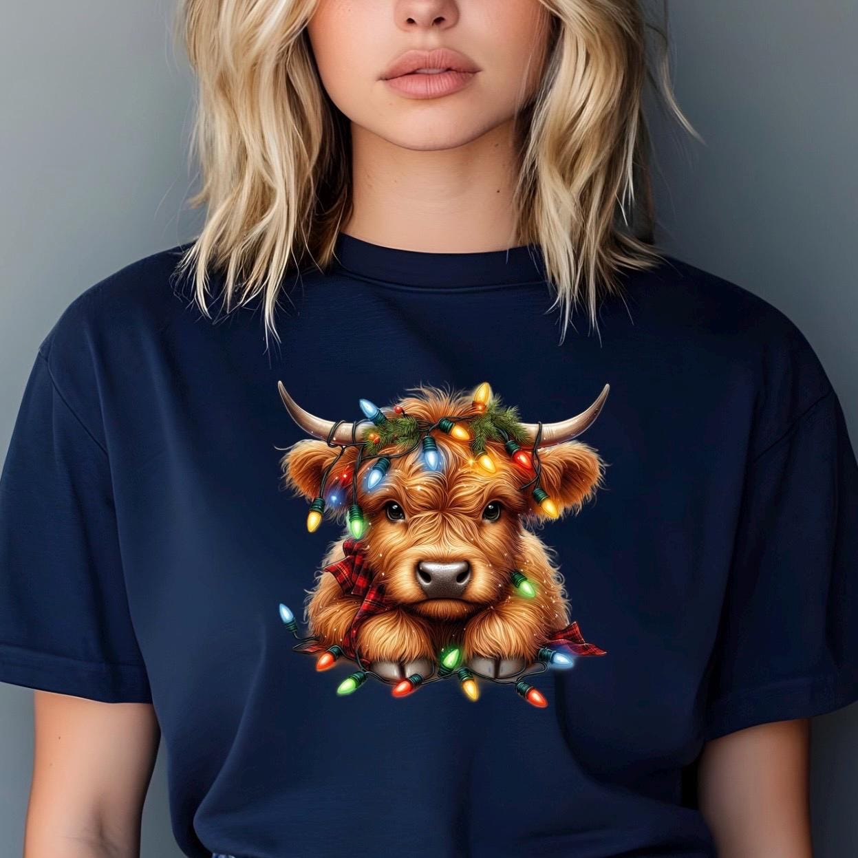 Highland Cow Christmas Shirt | Cozy Rustic Holiday Sweatshirt | Farm Animal Lights Funny Gift Tee