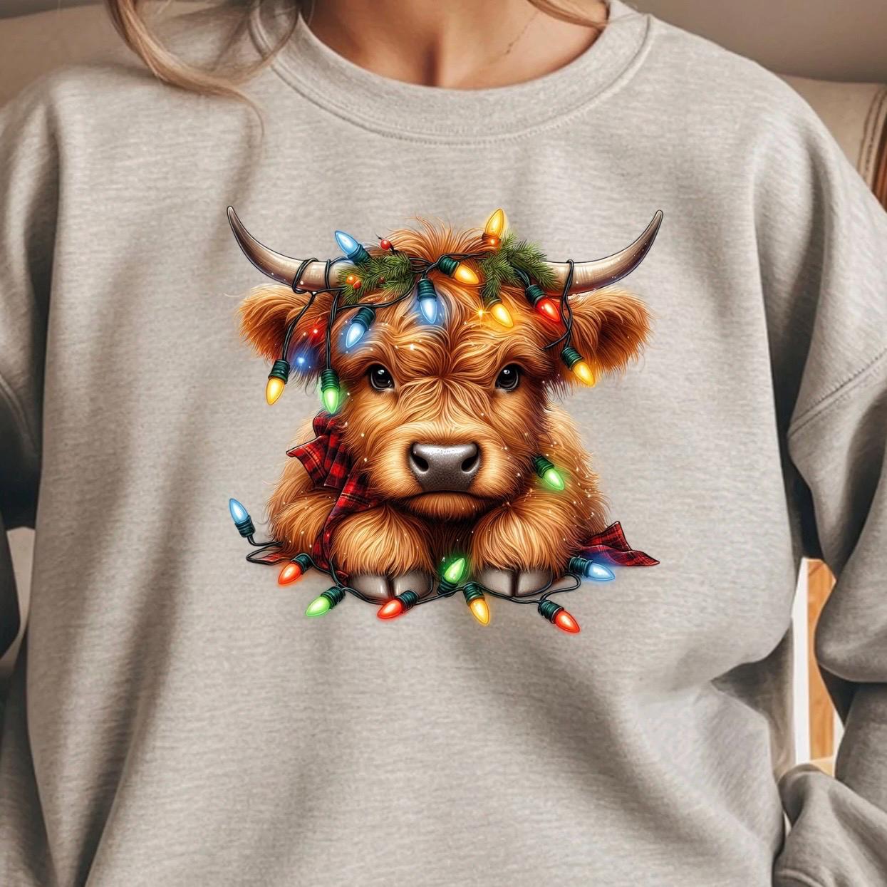 Festive Highland Cow Christmas Lights Sweatshirt or t shirt
