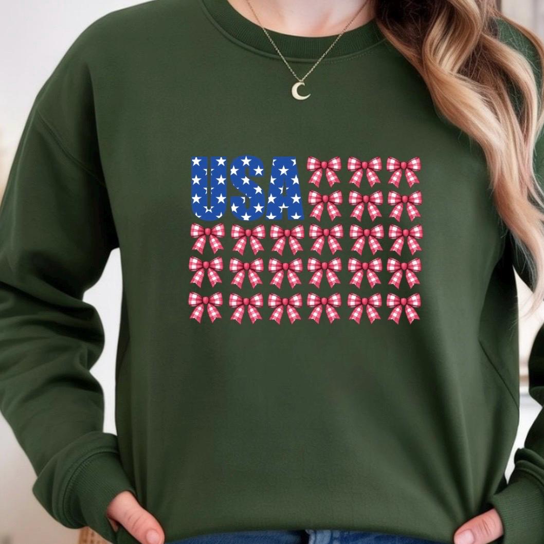 USA Bow Flag Sweatshirt | Patriotic Gingham Bows T-Shirt | 4th of July Shirt | Gildan DTF Print Unisex