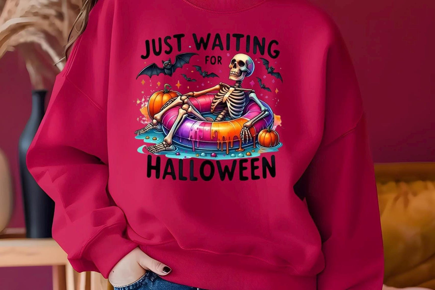 Just Waiting For Halloween" Skeleton T-Shirt or Sweatshirt | Funny Summerween Graphic Tee | Spooky Pool Float Crewneck