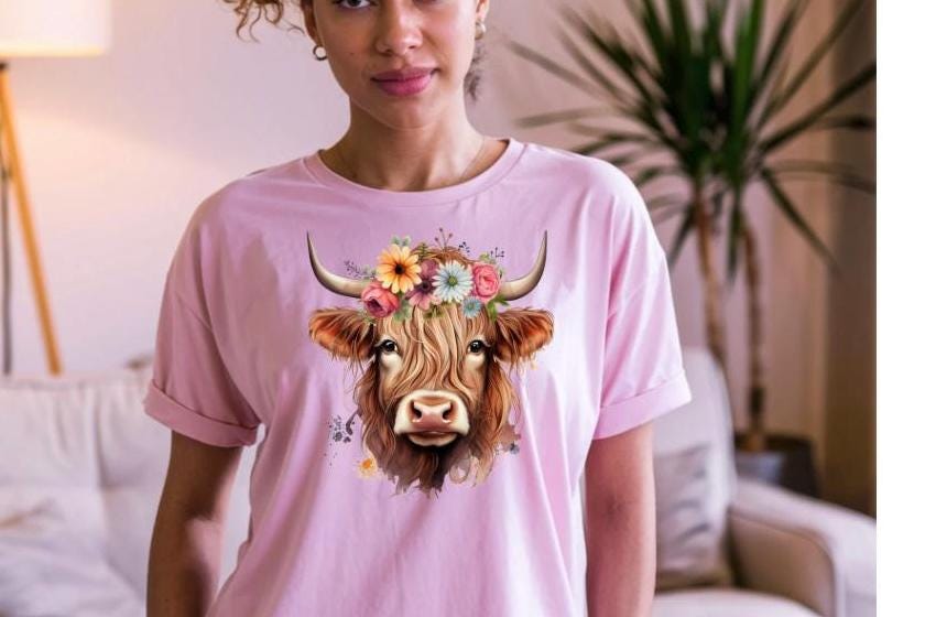 Floral Highland Cow Sweatshirt, Farm Animal Crewneck tshirt