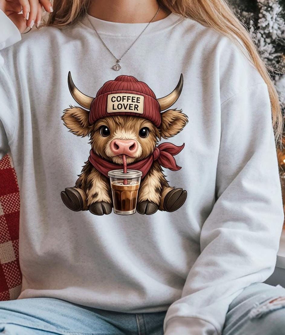 Highland Cow Coffee Lover Shirt or Sweatshirt – Cute DTF Print on Gildan – Coffee Gift for Her