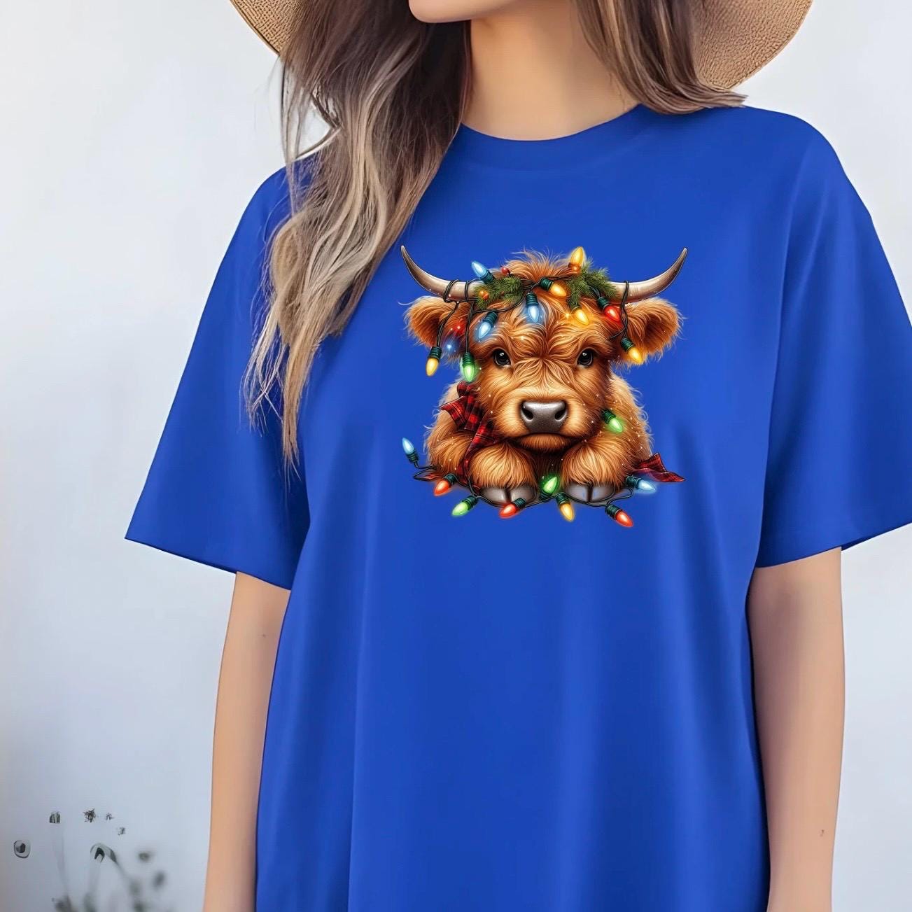 Highland Cow Christmas Shirt | Cozy Rustic Holiday Sweatshirt | Farm Animal Lights Funny Gift Tee