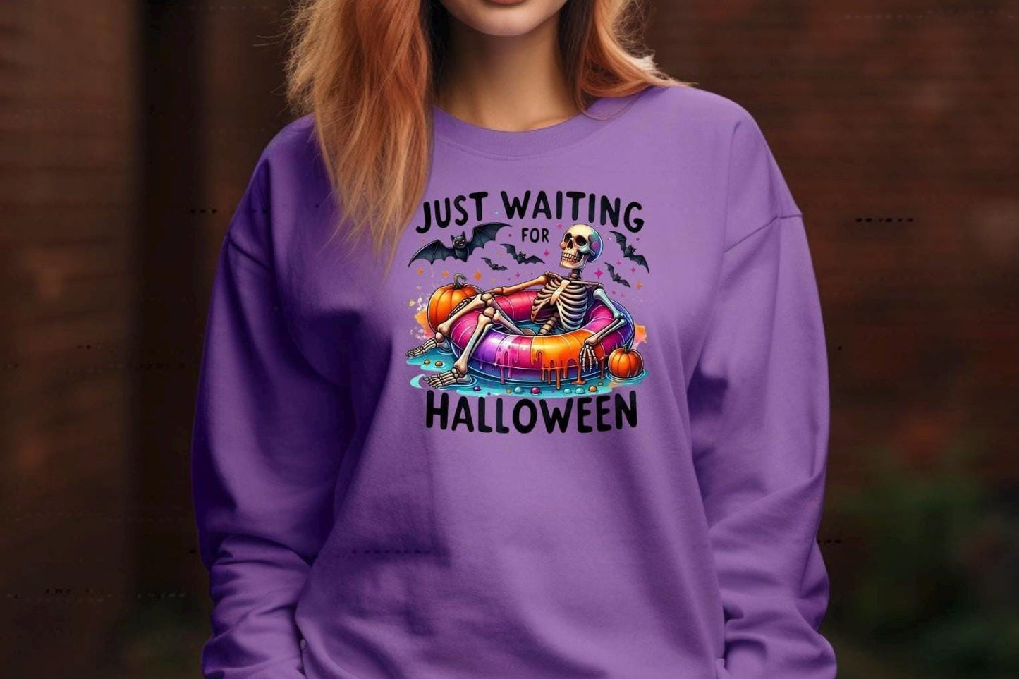 Just Waiting For Halloween" Skeleton T-Shirt or Sweatshirt | Funny Summerween Graphic Tee | Spooky Pool Float Crewneck