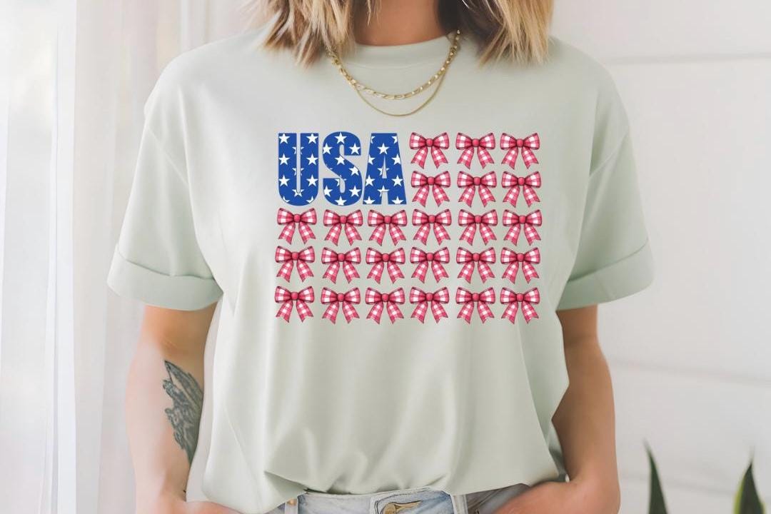 USA Bow Flag Sweatshirt | Patriotic Gingham Bows T-Shirt | 4th of July Shirt | Gildan DTF Print Unisex
