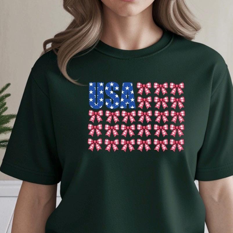 USA Bow Flag Sweatshirt | Patriotic Gingham Bows T-Shirt | 4th of July Shirt | Gildan DTF Print Unisex