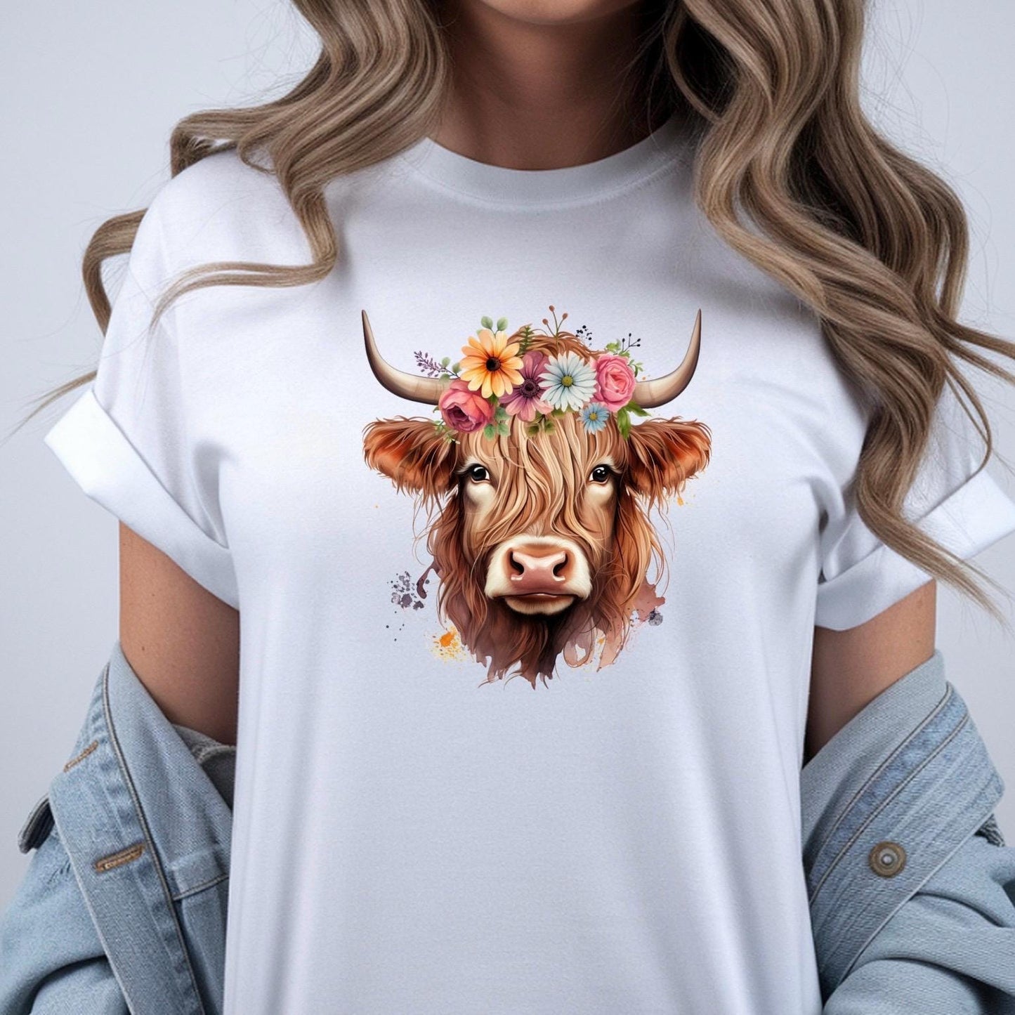 Floral Highland Cow Sweatshirt, Farm Animal Crewneck tshirt