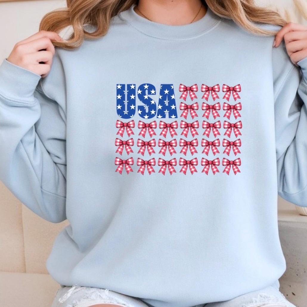 USA Bow Flag Sweatshirt | Patriotic Gingham Bows T-Shirt | 4th of July Shirt | Gildan DTF Print Unisex
