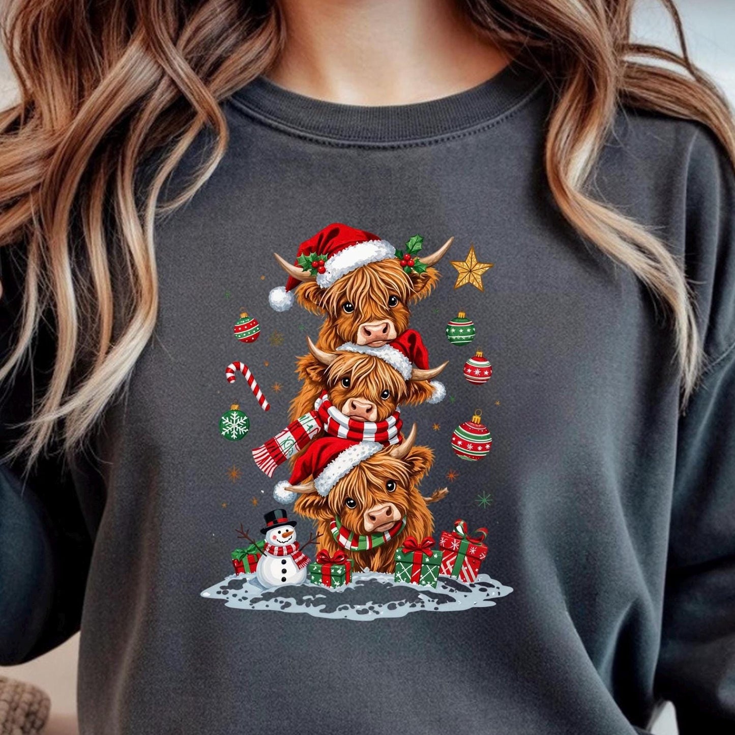 Highland Cow Christmas shirt or  Sweatshirt – Santa Hat, Snowman Holiday Tee