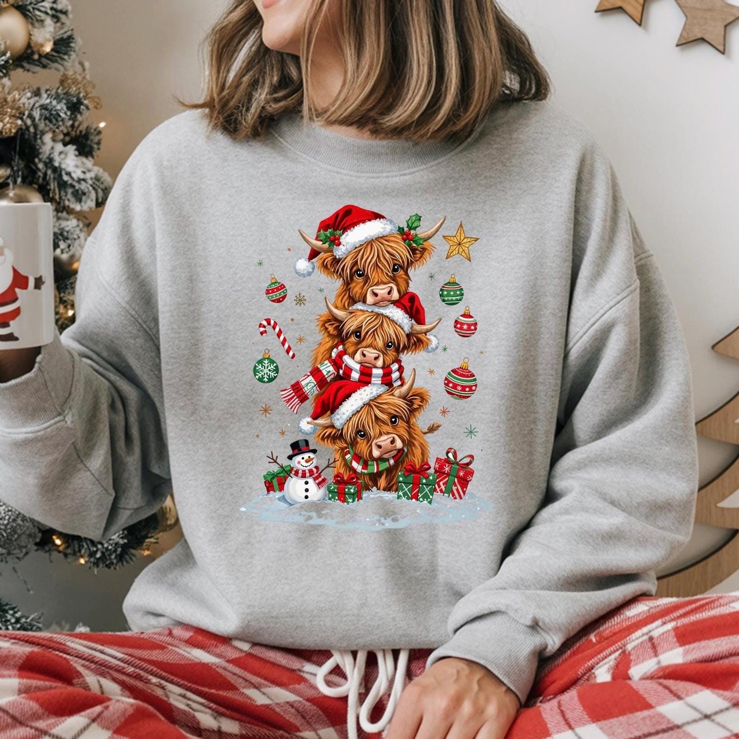 Highland Cow Christmas shirt or  Sweatshirt – Santa Hat, Snowman Holiday Tee