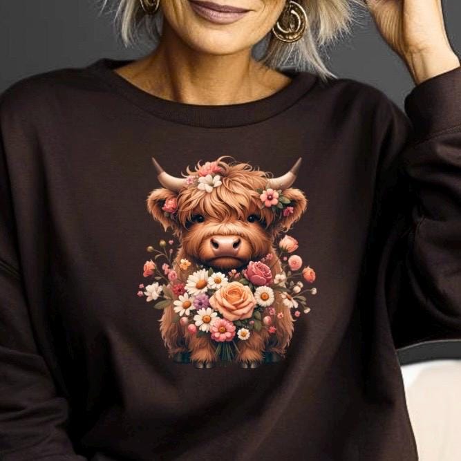 Highland Cow Floral Sweatshirt or t shirt