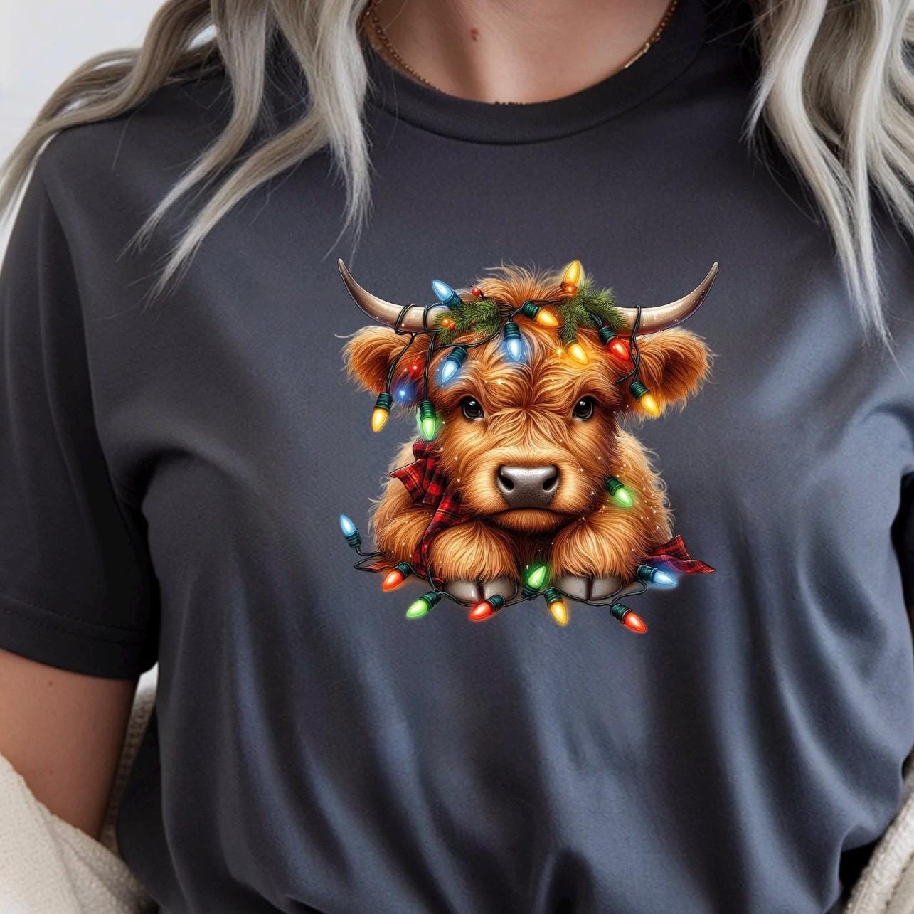Highland Cow Christmas Shirt | Cozy Rustic Holiday Sweatshirt | Farm Animal Lights Funny Gift Tee