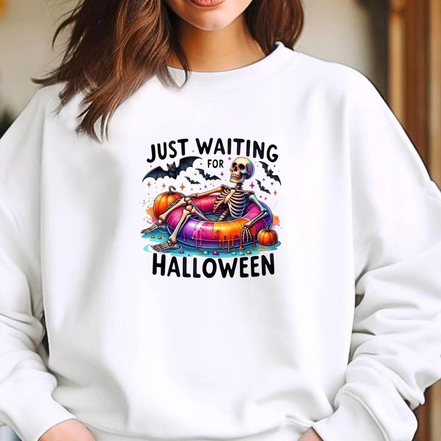 Just Waiting For Halloween" Skeleton T-Shirt or Sweatshirt | Funny Summerween Graphic Tee | Spooky Pool Float Crewneck